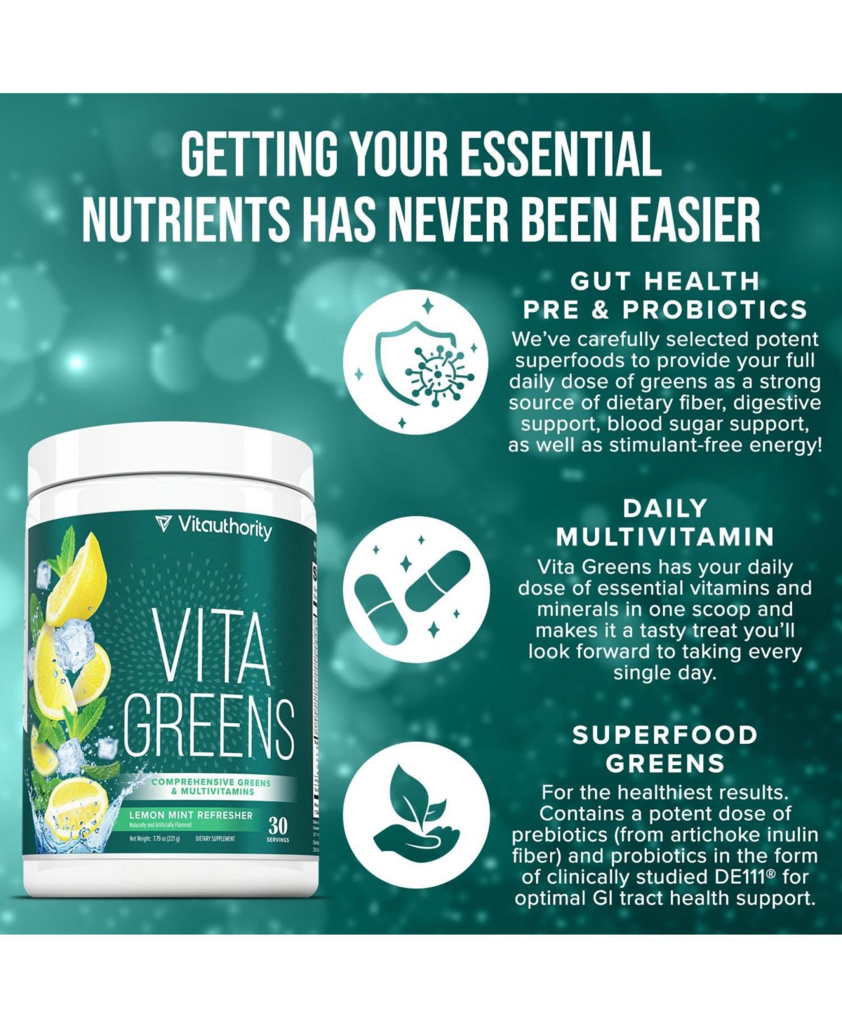 Vitauthority Vita Superfood Powder, Lemon Mint Flavor, 219 Gram