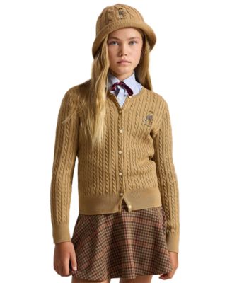 Girls' 7-16 Polo Bear Mini-Cable Cotton Cardigan