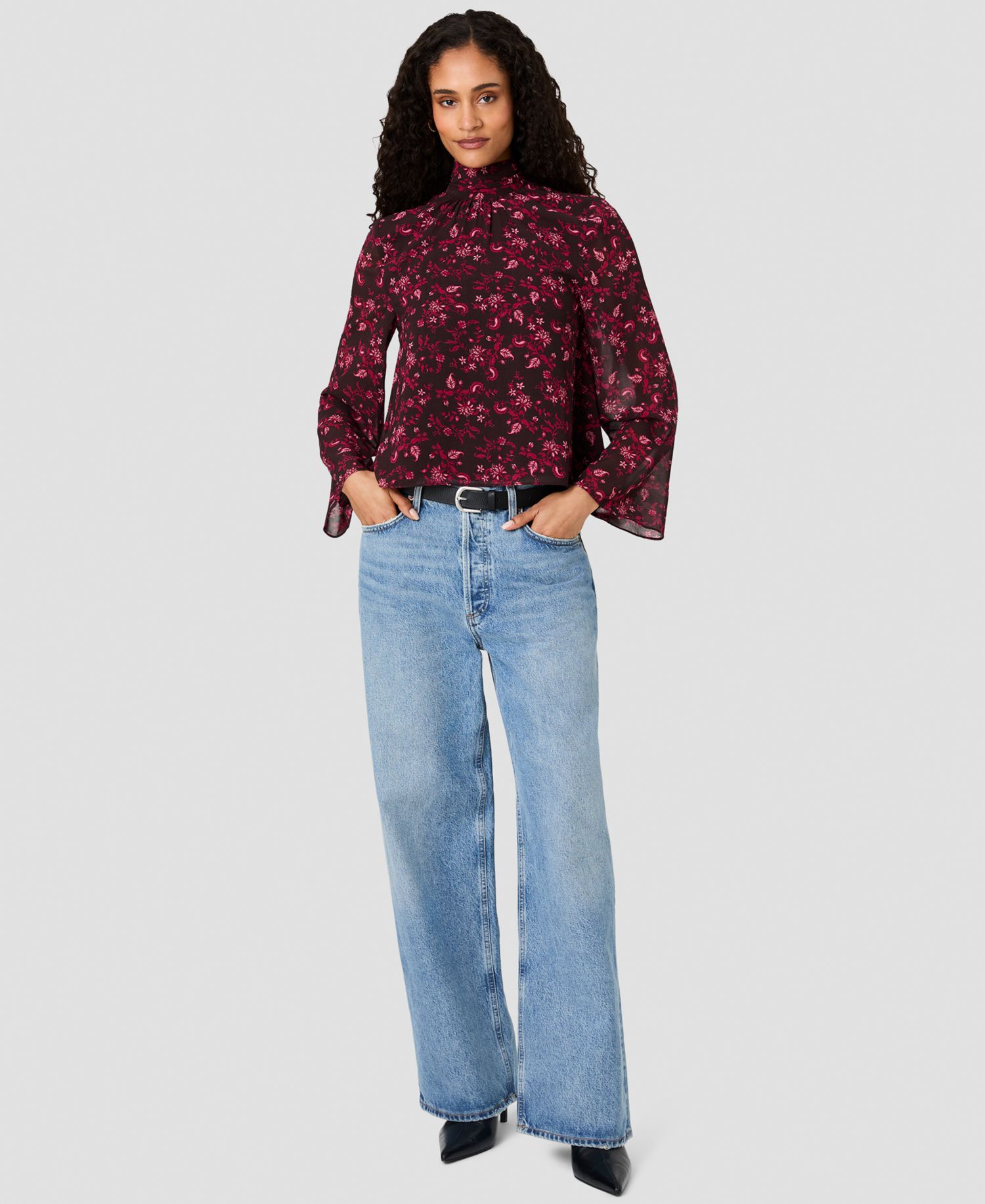 Women's Marina Chiffon Bow Long-Sleeve Mock-Tie Neck Floral-Print Blouse