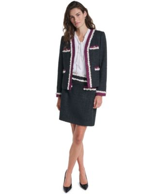Women's Tweed Cropped Fringe-Trim Jacket, Sleeveless V-Neck Dotted Blouse and Tweed Mini Pencil Skirt