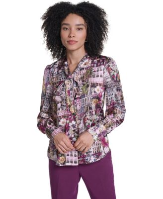 Women's Long-Sleeve V-Neck Print Blouse