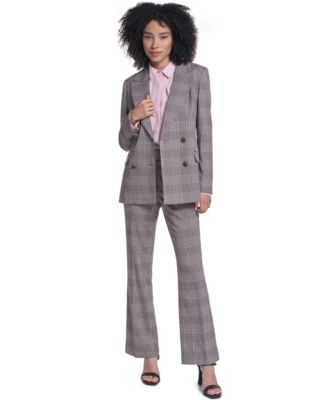 Women's Woven Plaid Double-Breasted Jacket, Sheer Long-Sleeve Point Collar Blouse and Plaid Wide-Leg Mid-Rise Dress Pants