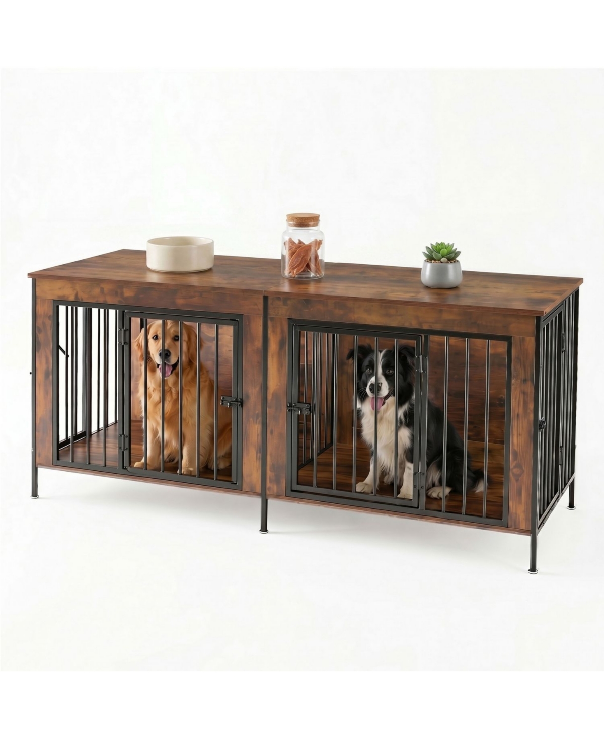Zeny Double Dog Crate Furniture with Divider, Heavy Duty Pet Kennel End Table Tv Stand