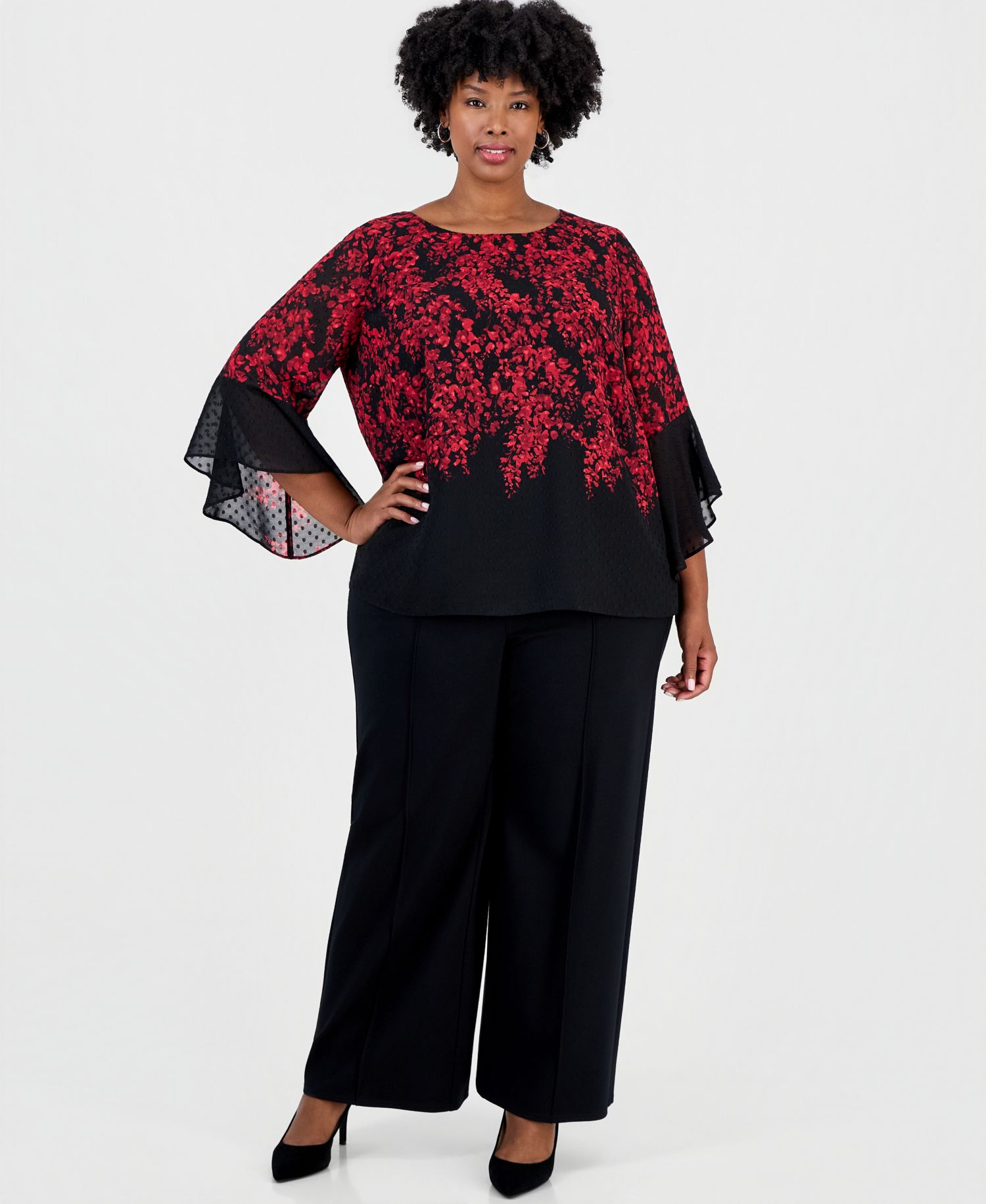 Plus Size Floral-Print Boat-Neck Ruffle-Sleeve Blouse