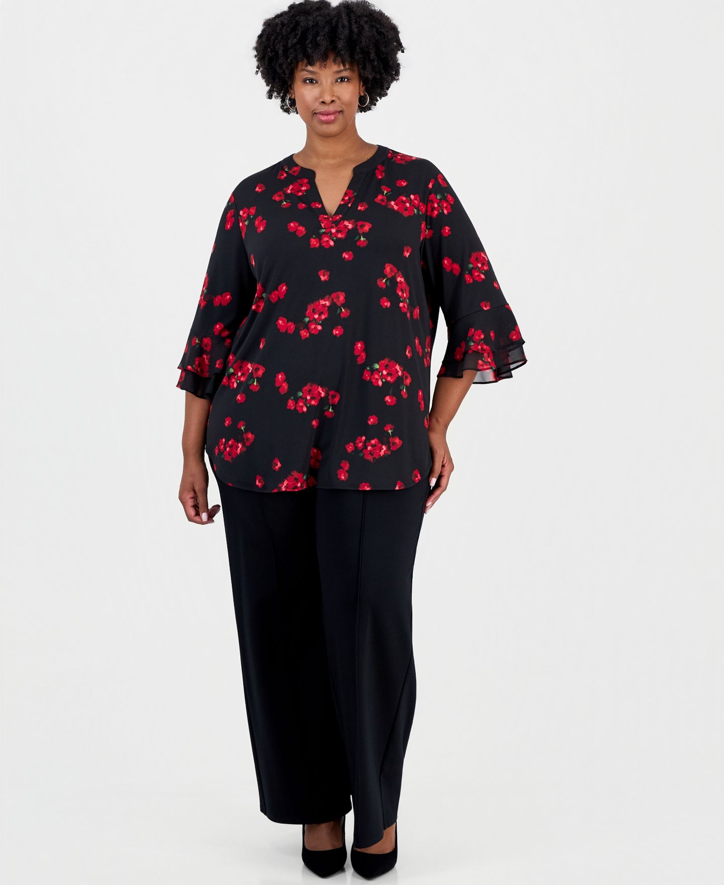 Женский топ Kasper Plus Size Flutter Split Neck Allover Floral Print Tunic, цвет: Чёрный разноцветный — фото 4