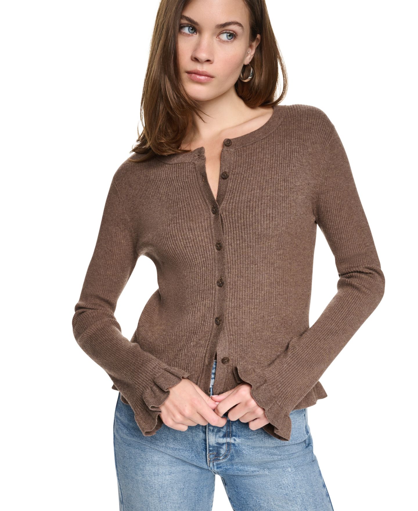 Женский кардиган DKNY Jeans Petite Ribbed Knit Ruffle Trim, цвет: Карамельный меланжевый — фото 3