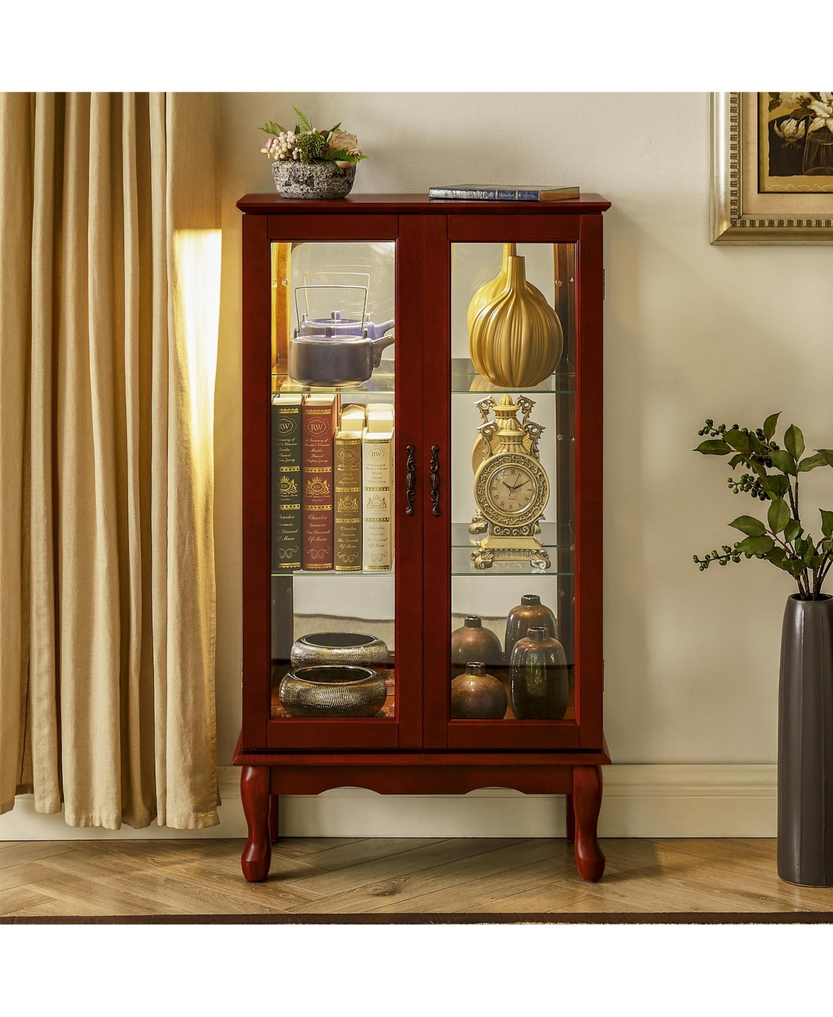 Clihome Lighted Curio Cabinet with Mirrored Back, Adjustable Shelves and Tempered Glass Doors for Home Decor