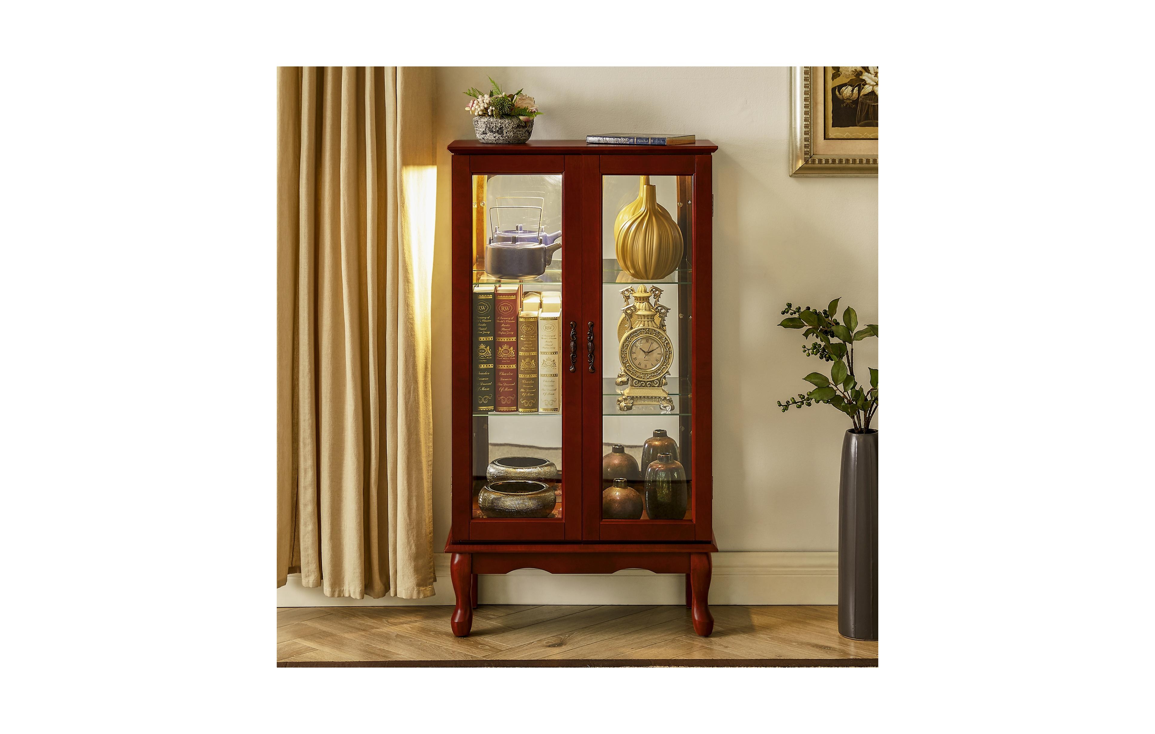 Clihome Lighted Curio Cabinet with Mirrored Back, Adjustable Shelves and Tempered Glass Doors for Home Decor