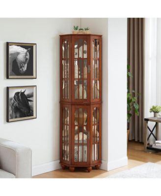 Lighted Corner Curio Cabinet with Adjustable Glass Shelves and Solid Wood Legs
