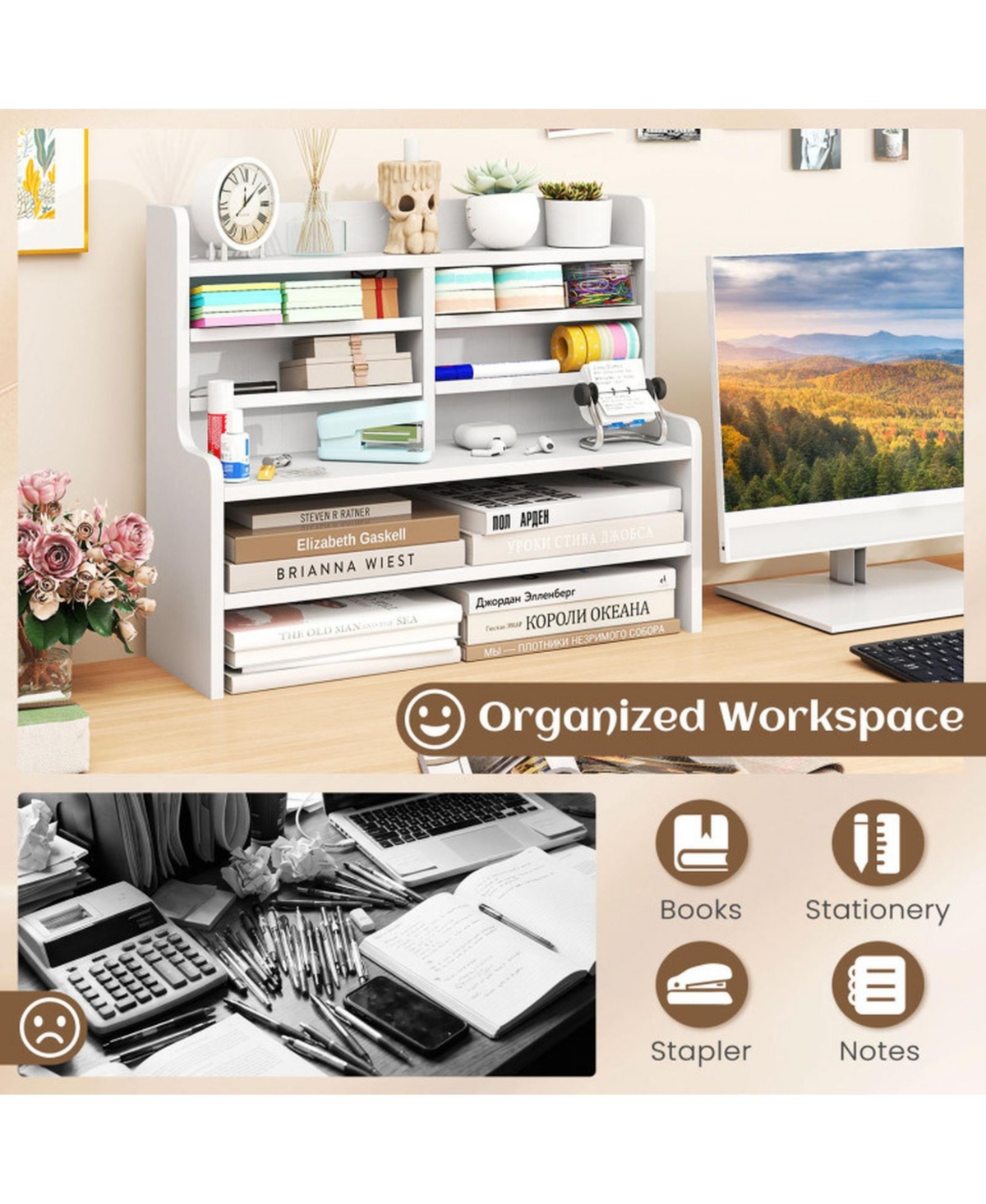 Sugift 6-Tier Compact Desktop Storage Rack with 4 Removable Shelves Space Saving Organizer for Home Office