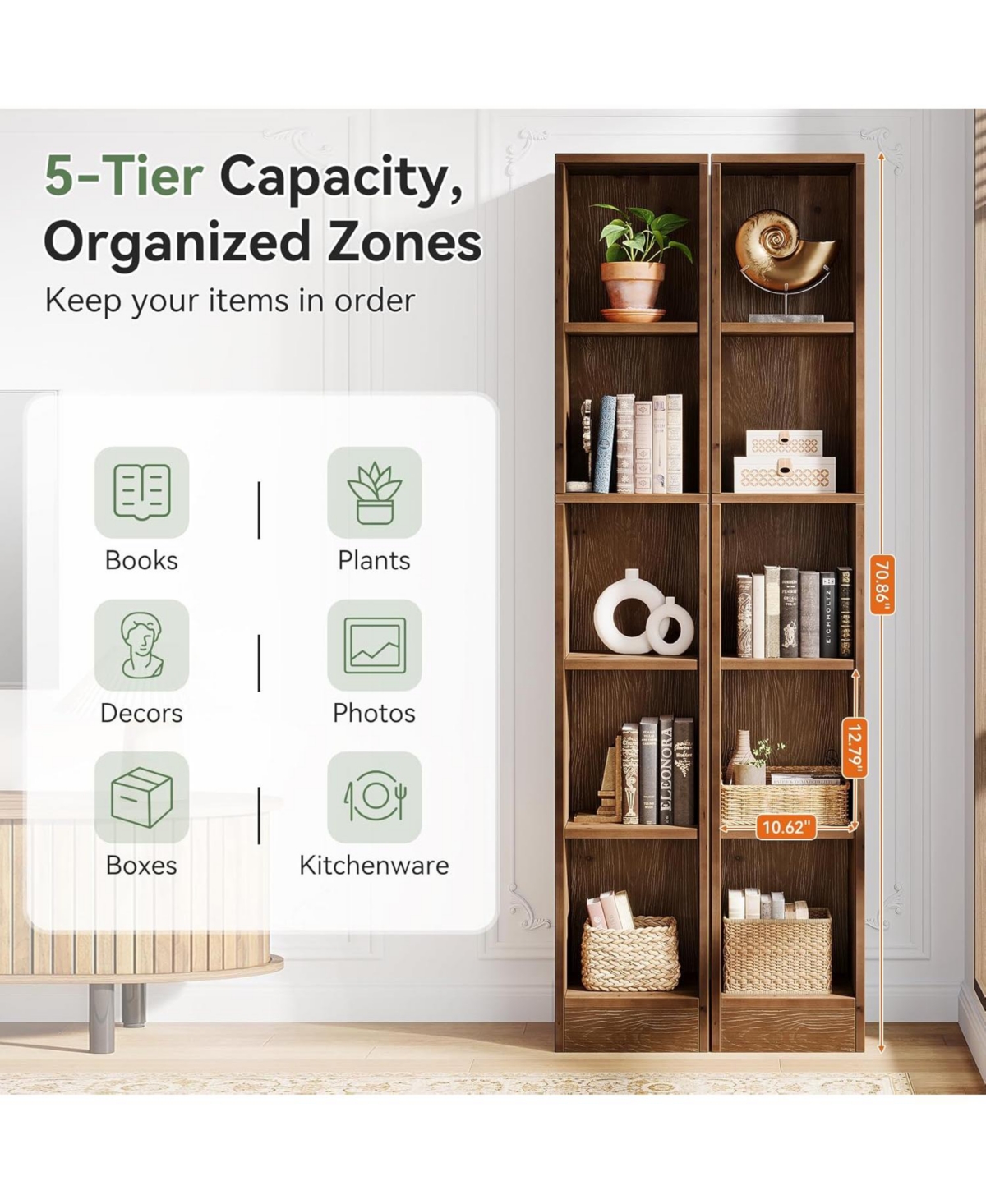 Tribesigns 70.9-Inch Tall Solid Wood Bookshelf, 5-Tier Narrow Bookcase, Freestanding Display Shelves for Living Room Bedroom