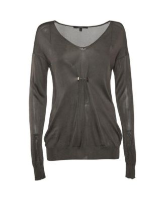 Women's Sheer Knit Brooch Detail V-Neck Top
