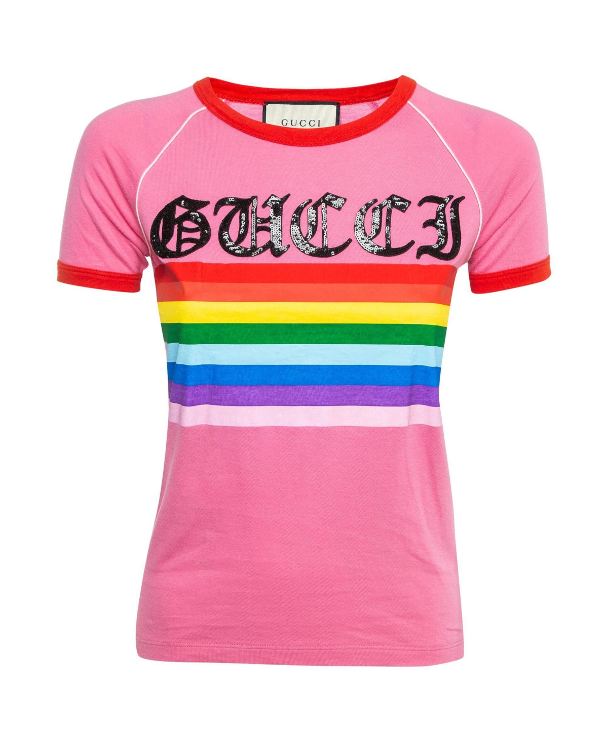 Pre-Owned Gucci Women's Rainbow Stripe Sequin Logo T-Shirt