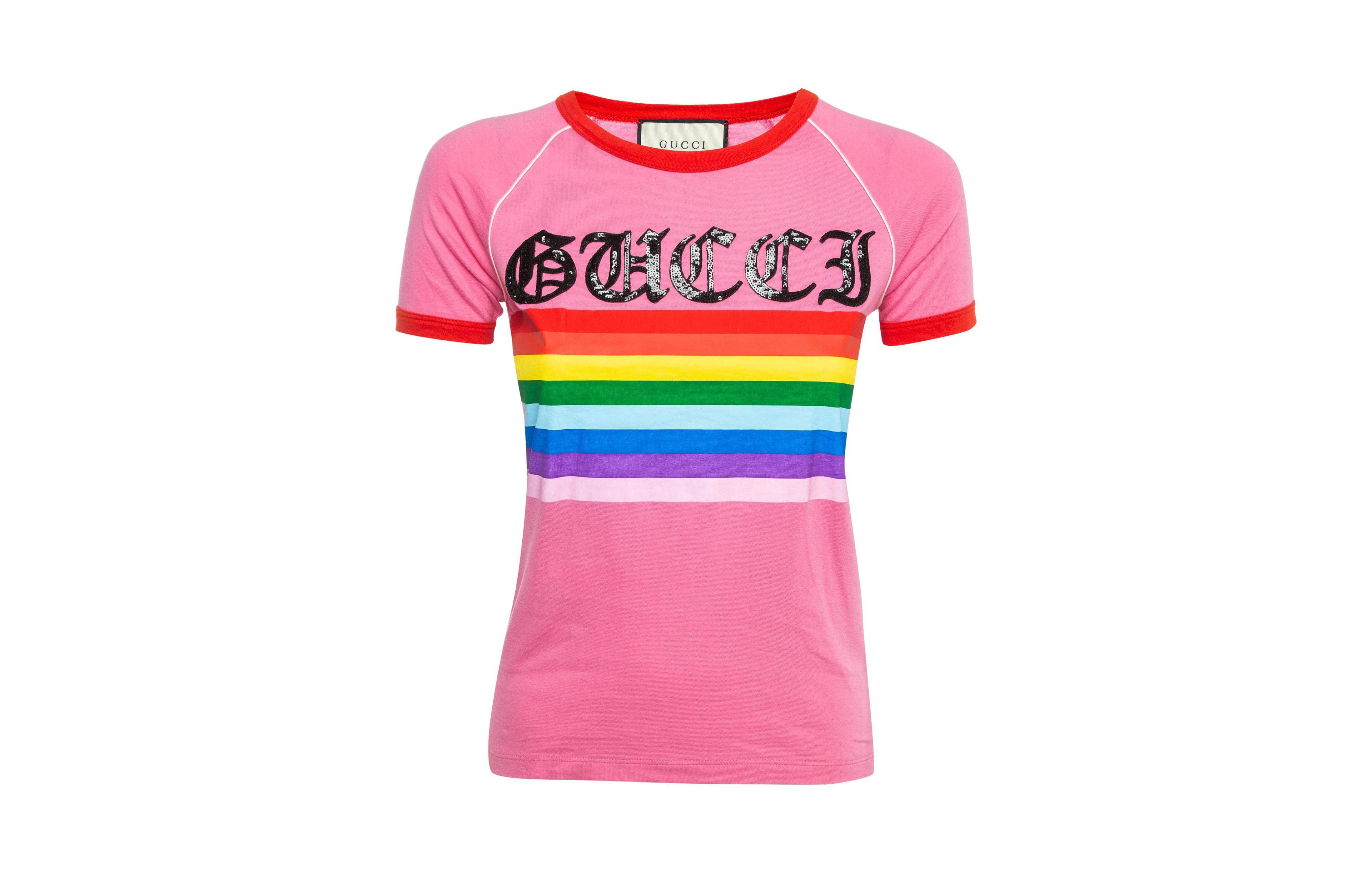 Pre-Owned Gucci Women's Rainbow Stripe Sequin Logo T-Shirt