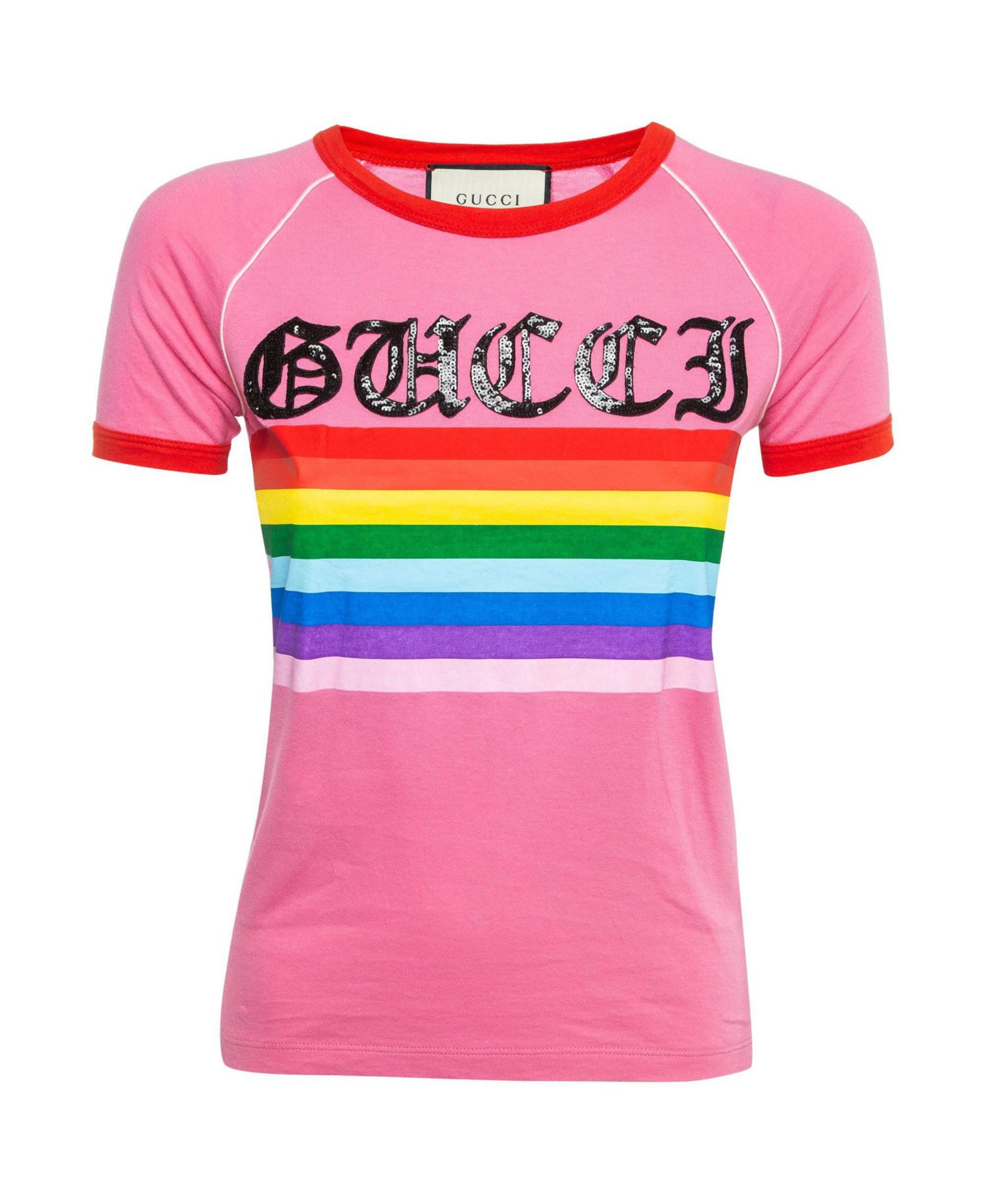 Women's Rainbow Stripe Sequin Logo T-Shirt