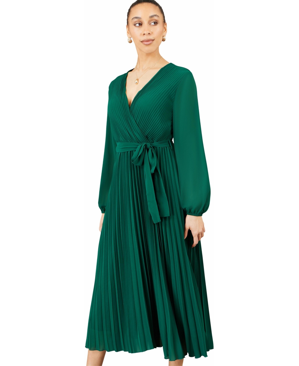 Yumi Women's Long-Sleeve V-Neck Pleated Wrap Midi Dress