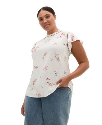 Plus Size Fleur Petal Print Top with Frilled-Crew Neckline and Short Flutter Sleeves