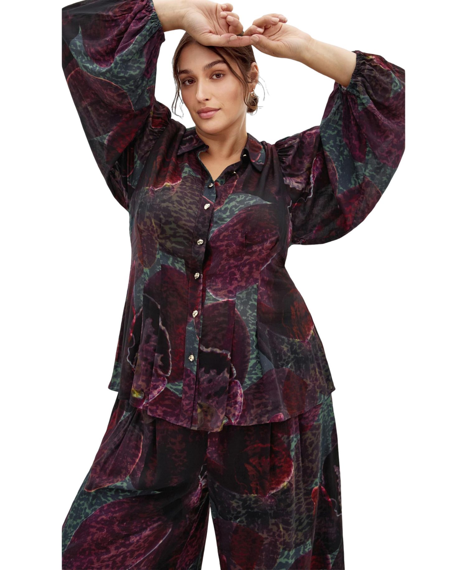 Plus Size Piper Floral-Print Long-Sleeve Collared Blouse
