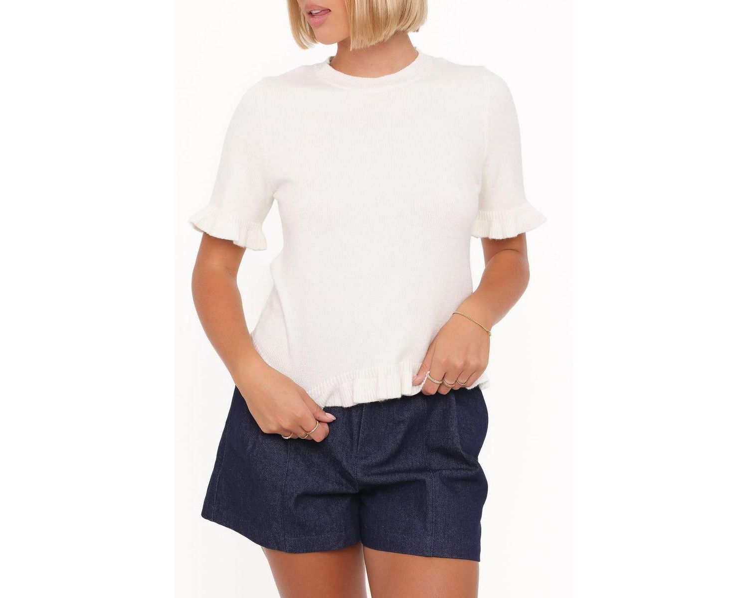 Women's Emilie Ribbed-Knit Ruffle Short-Sleeve Crewneck Sweater