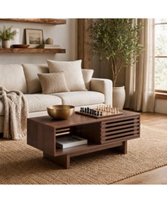 39 Inch Coffee Table Wood Slatted Sliding Door with 2-Tier Open Shelf Storage Walnut Finish Center Table for Living Room Home Decor