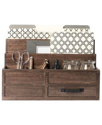 Rustic Wood Desktop Mail Organizer With Drawer Pen Holder