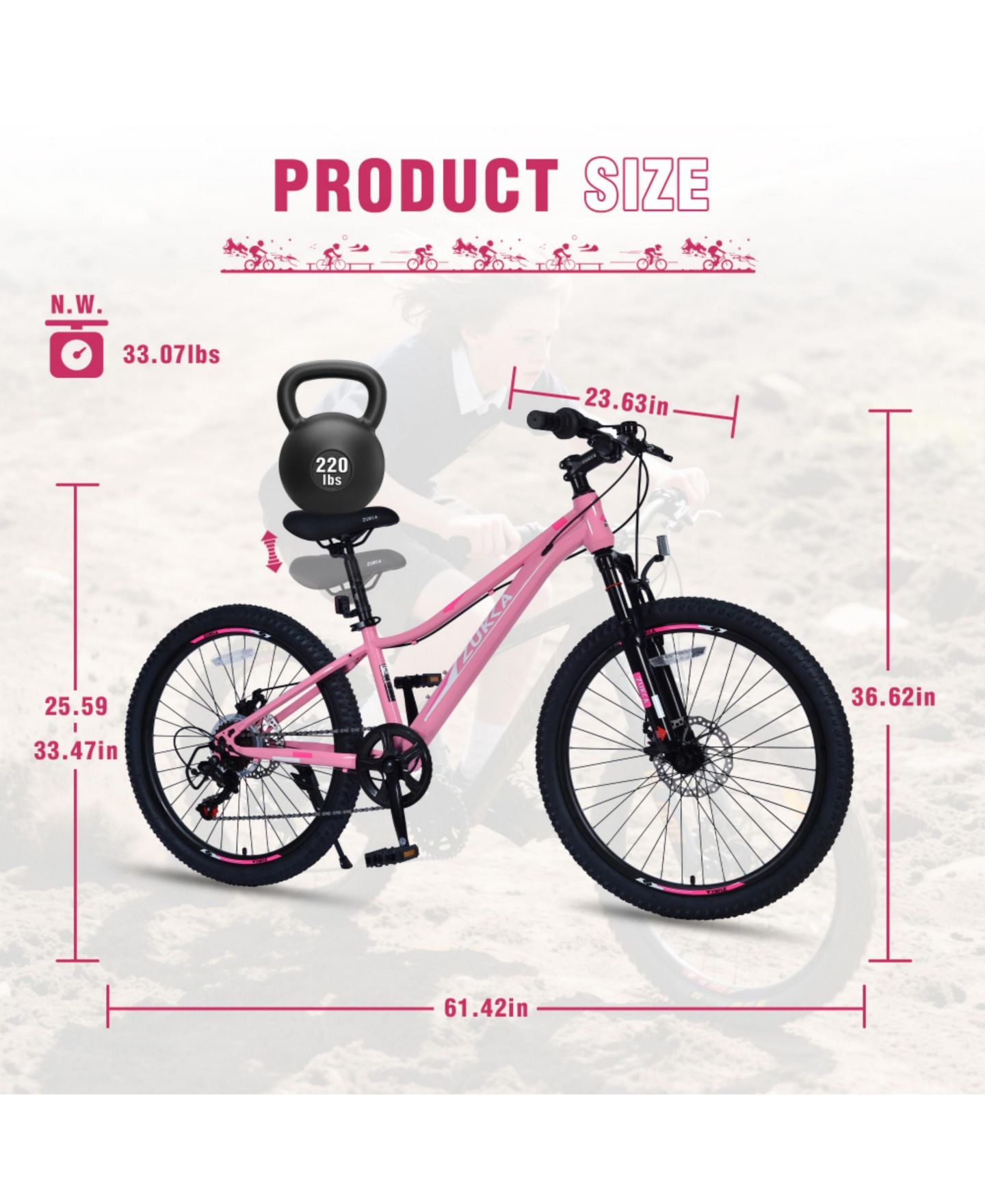 Детская игрушка ECHTPeak 24 Inch 6-Speed Mountain Bike with Suspension Fork, 220 lb. Capacity, 9–12 лет, цвет: Розовый — фото 3