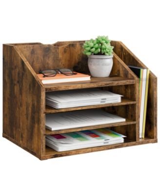 Rustic Brown Wooden Desk Organizer Adjustable Partitions Multi Layer Desktop File Holder