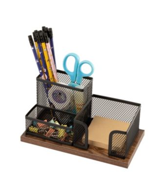 Antique Wood Mesh Desk Organizer 3 Compartment Pen Holder