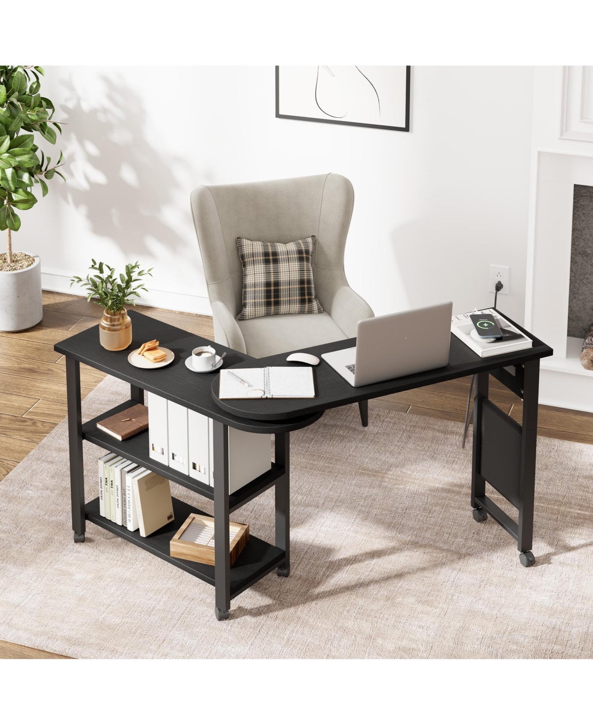 homfan 360degree(s) Rotating Sofa Side Table – Charging Station, 2-Tier, Storage Pocket, 6 Casters Movable