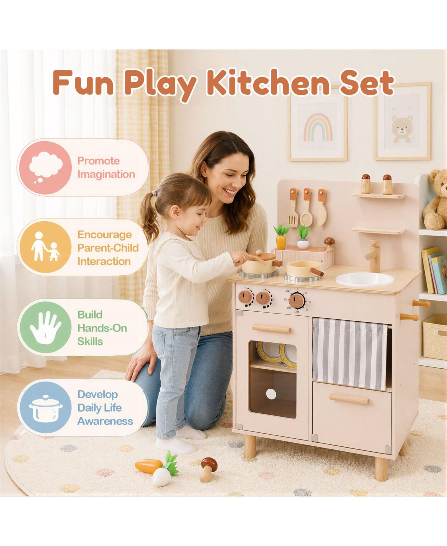 Детский игровой набор Gymax Toddler Wooden 10-Piece Kitchen Playset, Ages 3+, цвет: Бежевый — фото 10