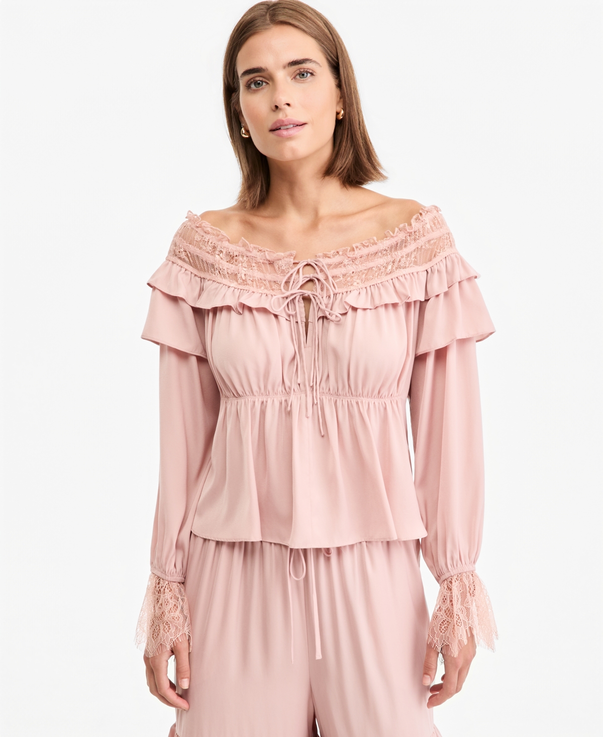 And Now This Petite Off-the-Shoulder Long Bell-Sleeve Ruffled-Trim Blouse, Macy's Exclusive - Rose Dust