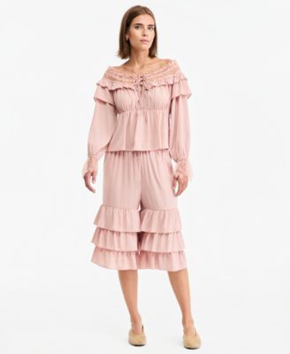 Women's High-Rise Wide-Leg Ruffle-Bottom Culottes