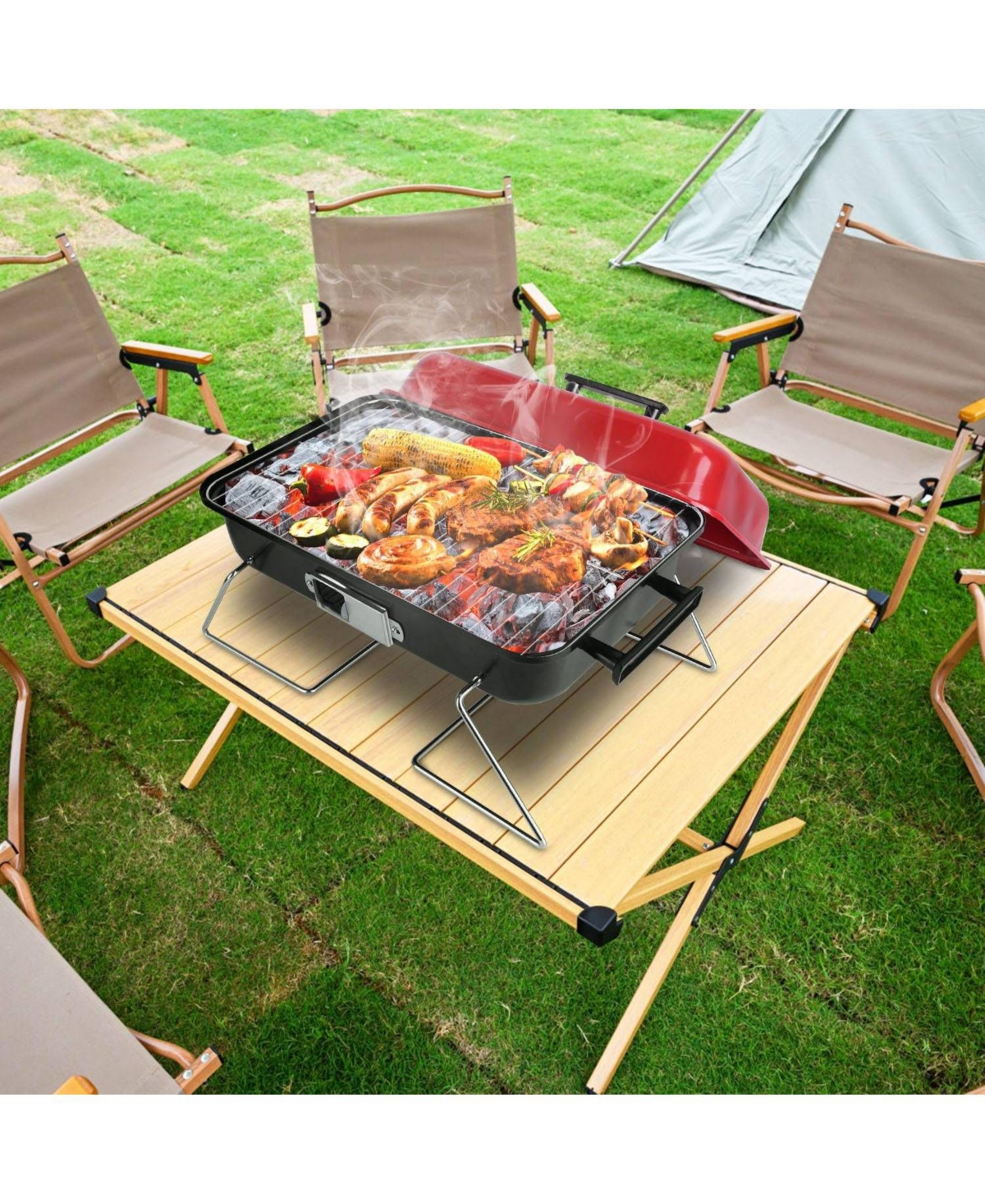 Mountaintop Portable Charcoal Grill Outdoor Tabletop Grill Small Barbecue Smoker Folding Bbq Grill with Lid for Backyard Camping Picnics Beach