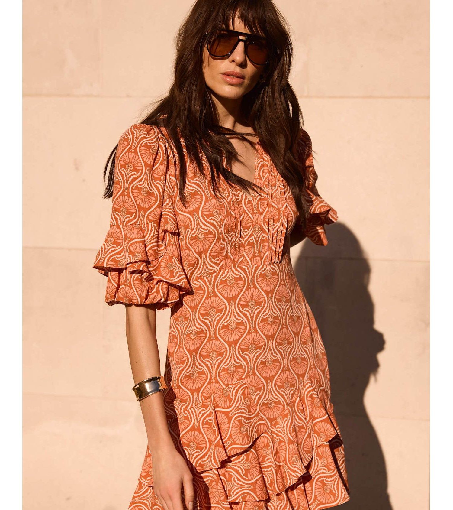 Women's Printed Ruffle V-Neck Mini Dress