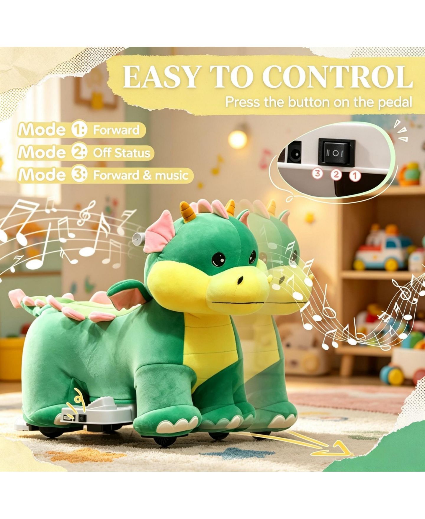 Детская игрушка SEVORLEY 6V Electric Dinosaur Ride-On Toy with Forward Drive and Music, Ages 18-36 Months, цвет: Зелёный — фото 7