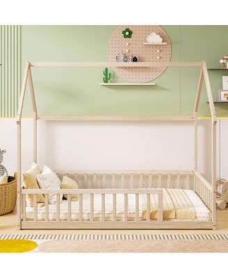  Twin House Floor Bed with Roof and Guardrails