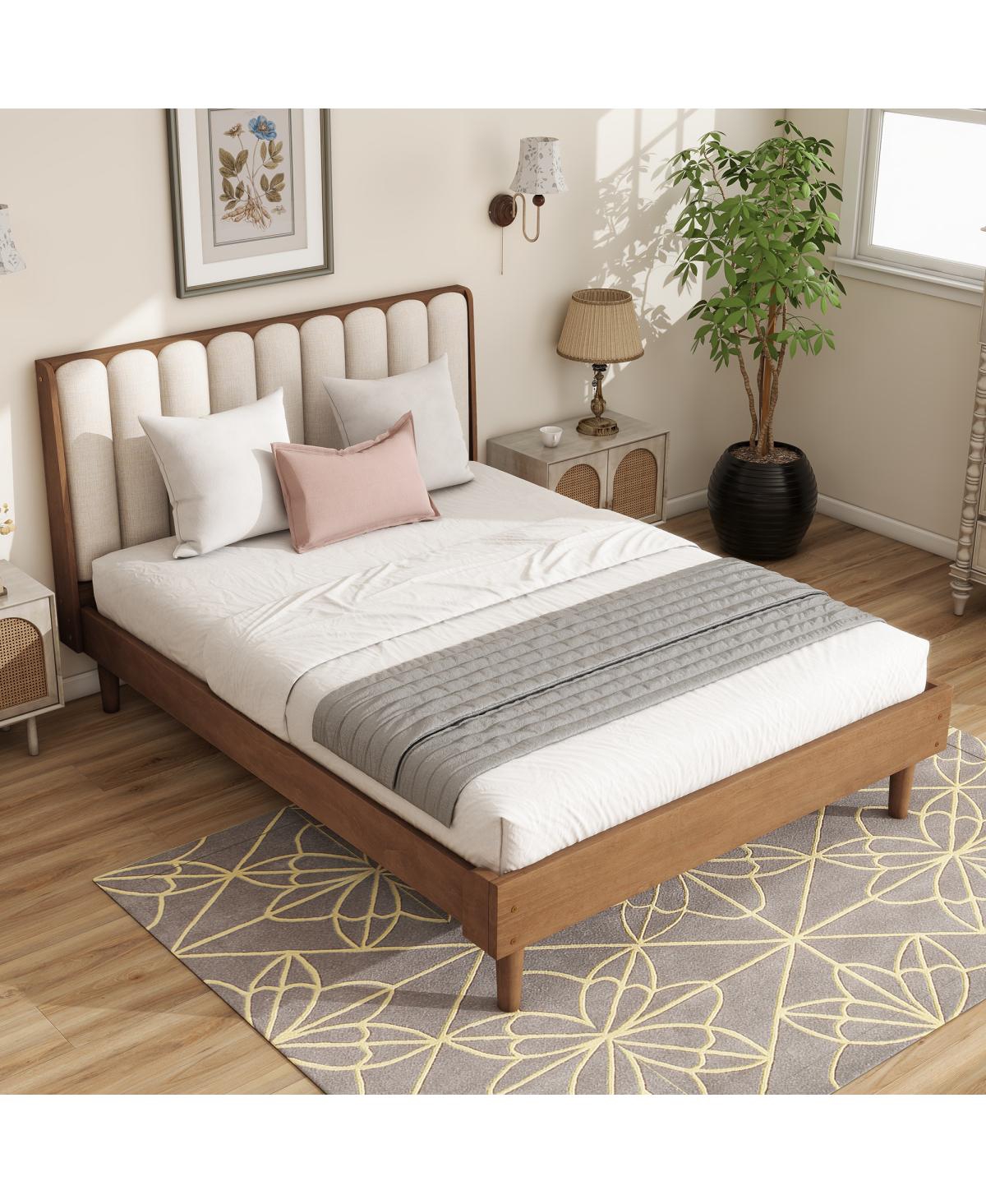 Streamdale Furniture Queen Size Wood Bed with Piano Key Upholstered Headboard