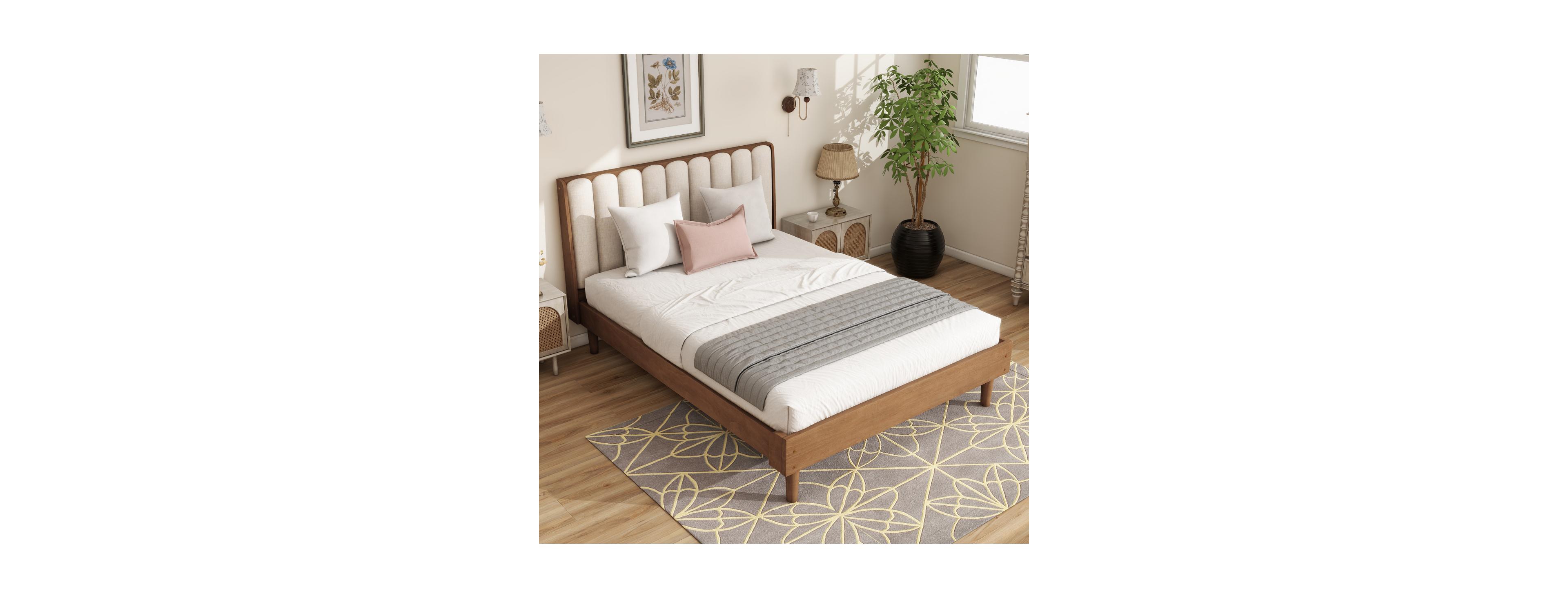 Streamdale Furniture Queen Size Wood Bed with Piano Key Upholstered Headboard