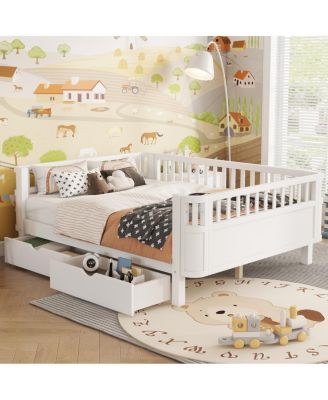  Full Size Wood Platform Bed with Rails for Kids
