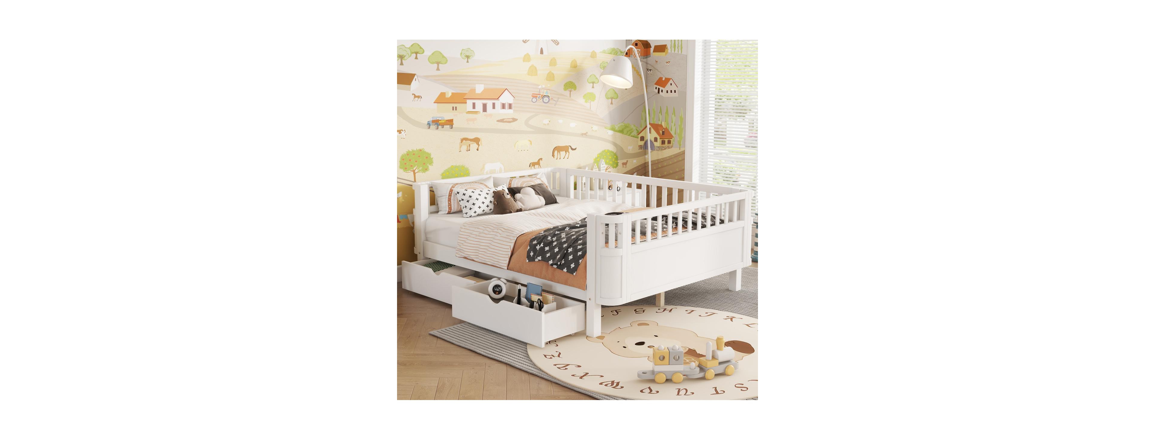 Streamdale Furniture Full Size Wood Platform Bed with Rails for Kids
