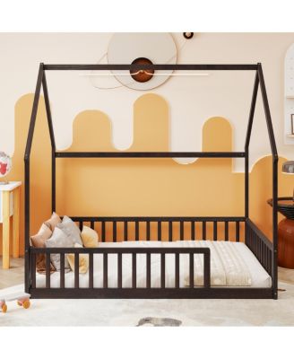  Full Size House Floor Bed with Roof, Guardrails