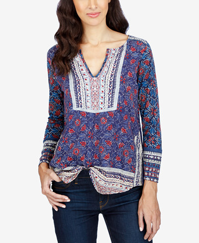 Lucky Brand Mixed-Print Peasant Top