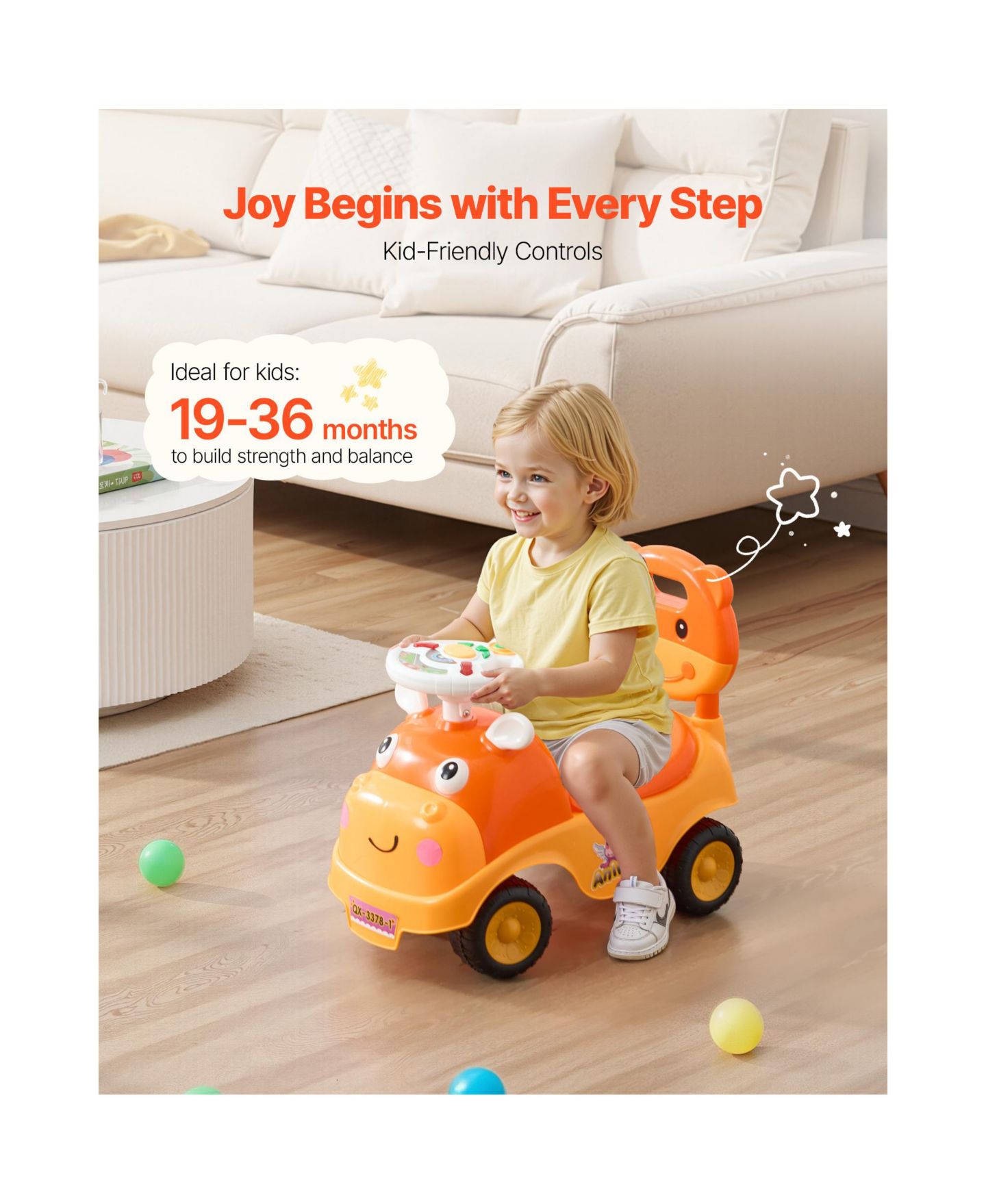 Детская игрушка SUGIFT Toddler Ride On Push Car with Horn Music and Under Seat Storage, 48.5 lb. Capacity, Ages 19-36 Months, цвет: Жёлтый — фото 9