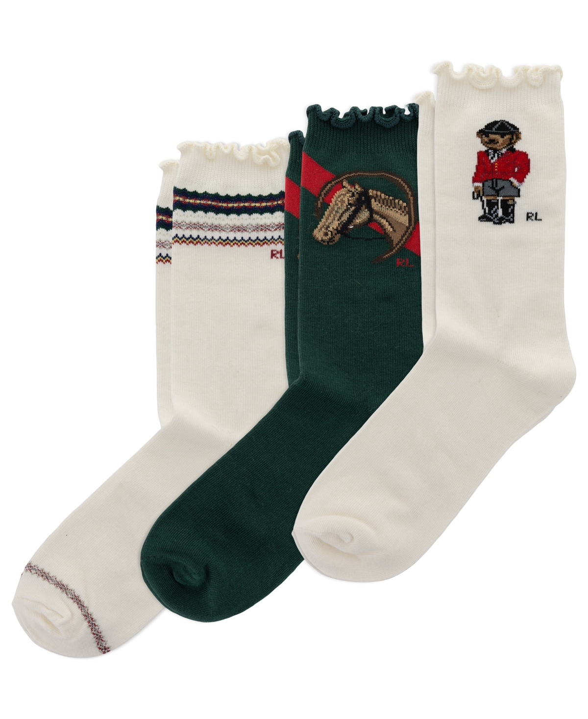 Polo Ralph Lauren Girls' 4-11 Equestrian Bear Socks, 3-Pack