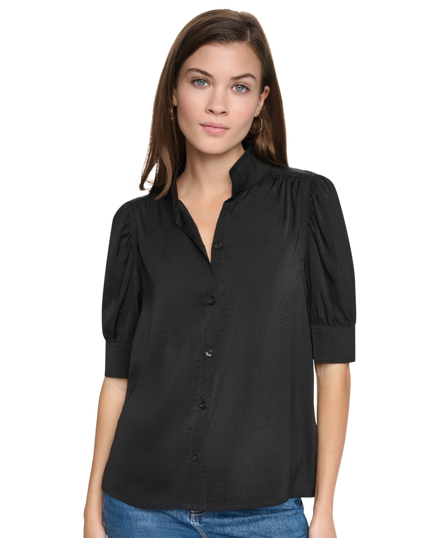Женская рубашка DKNY Jeans Petite Puff-Sleeve Button-Front, цвет: Чёрный — фото 1