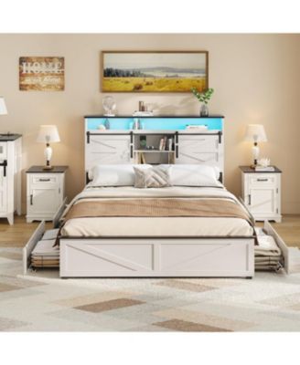 Full Size Farmhouse Bed Frame with 4 Drawers and LED Light,Storage Shelves and Charging Station