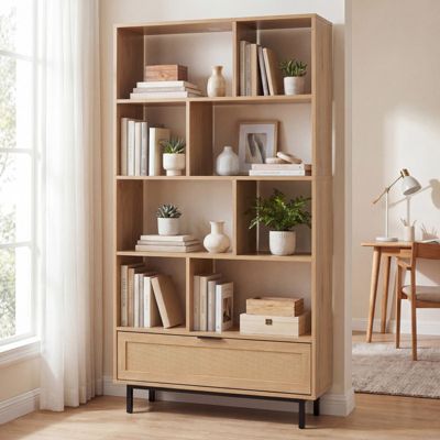 64 Inch 6-Tier Tall Wooden Bookcase with 8 Open Cubes and Pull-Out Rattan Drawer
