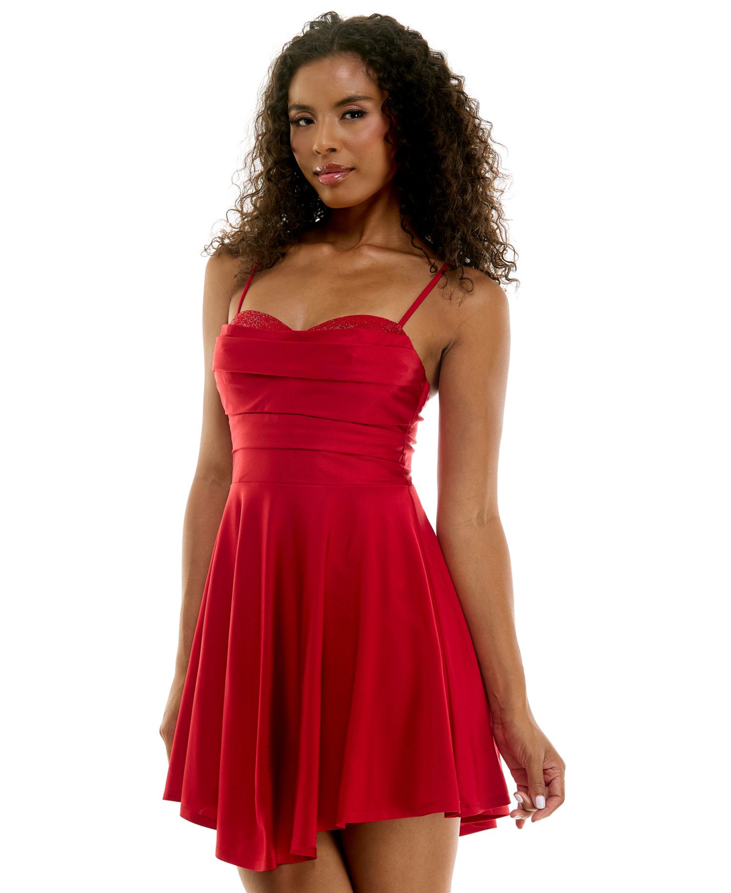 Juniors' Satin Sweetheart Rhinestone Trim Neckline Fit & Flare Dress