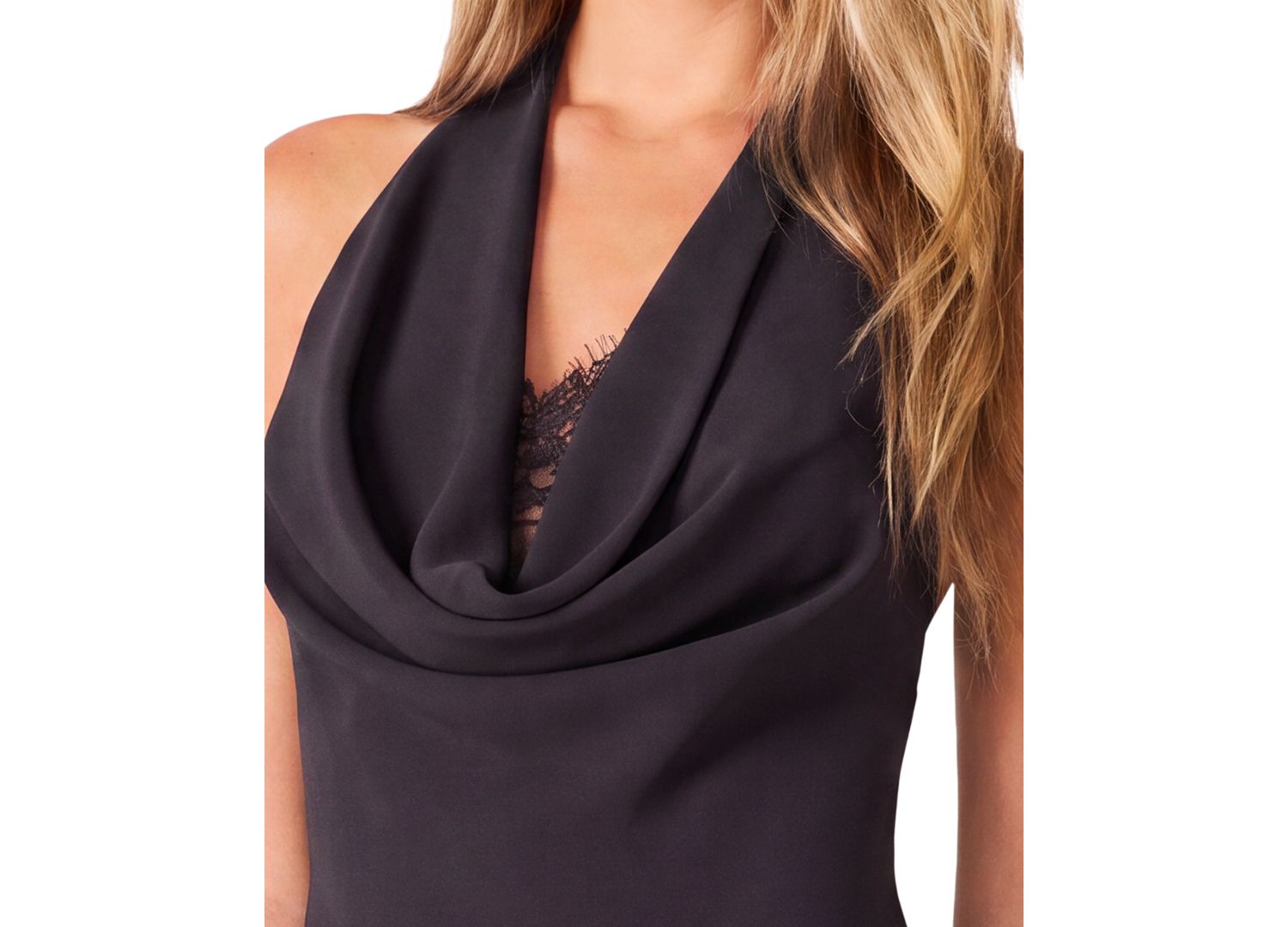 A-Line Cowl-Neck Lace-Detail Mini Dress