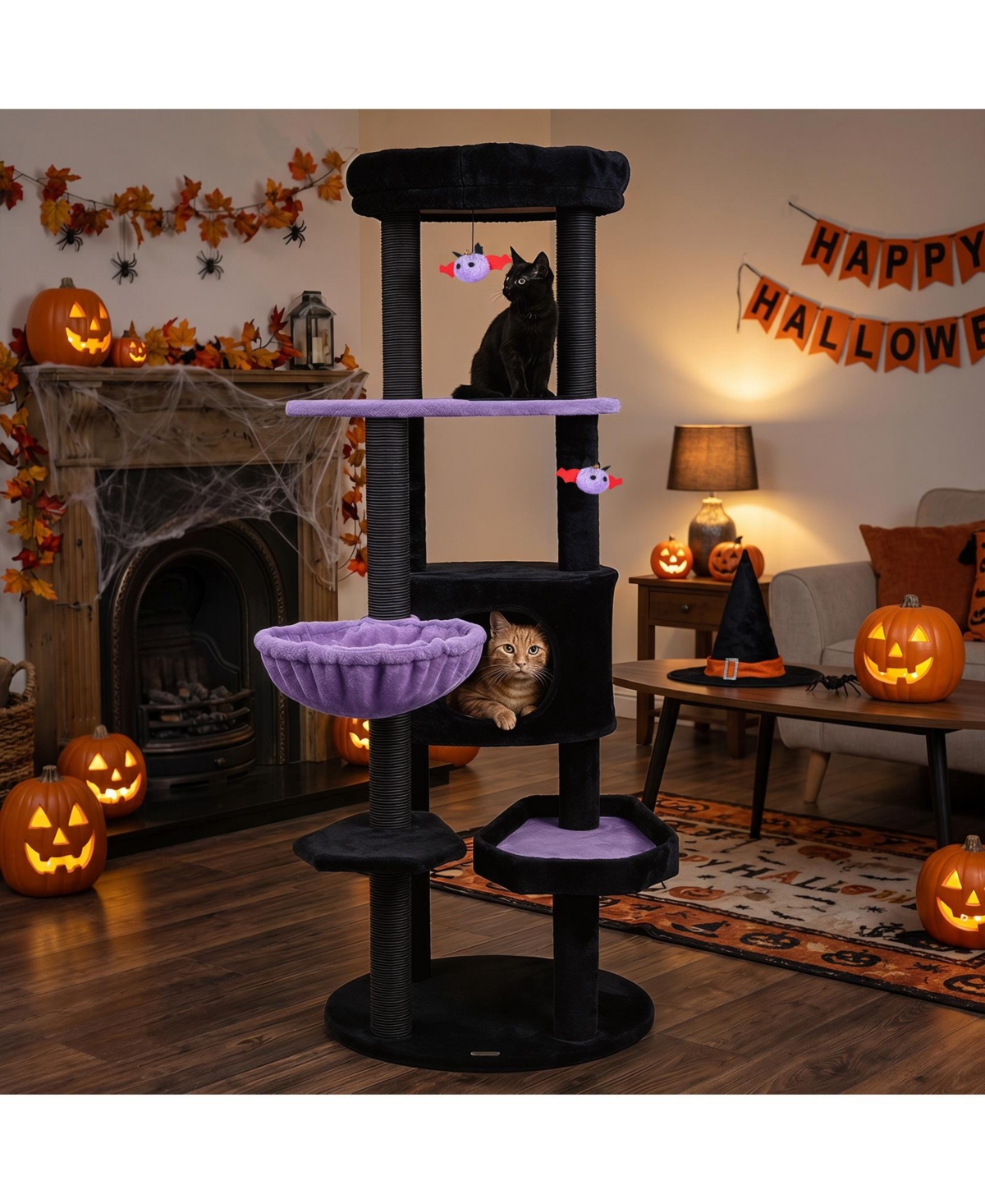 Gymax Gothic Cat Tree for Indoor Cats 60'' Cat Tower with Plush Perch Condo Hammock